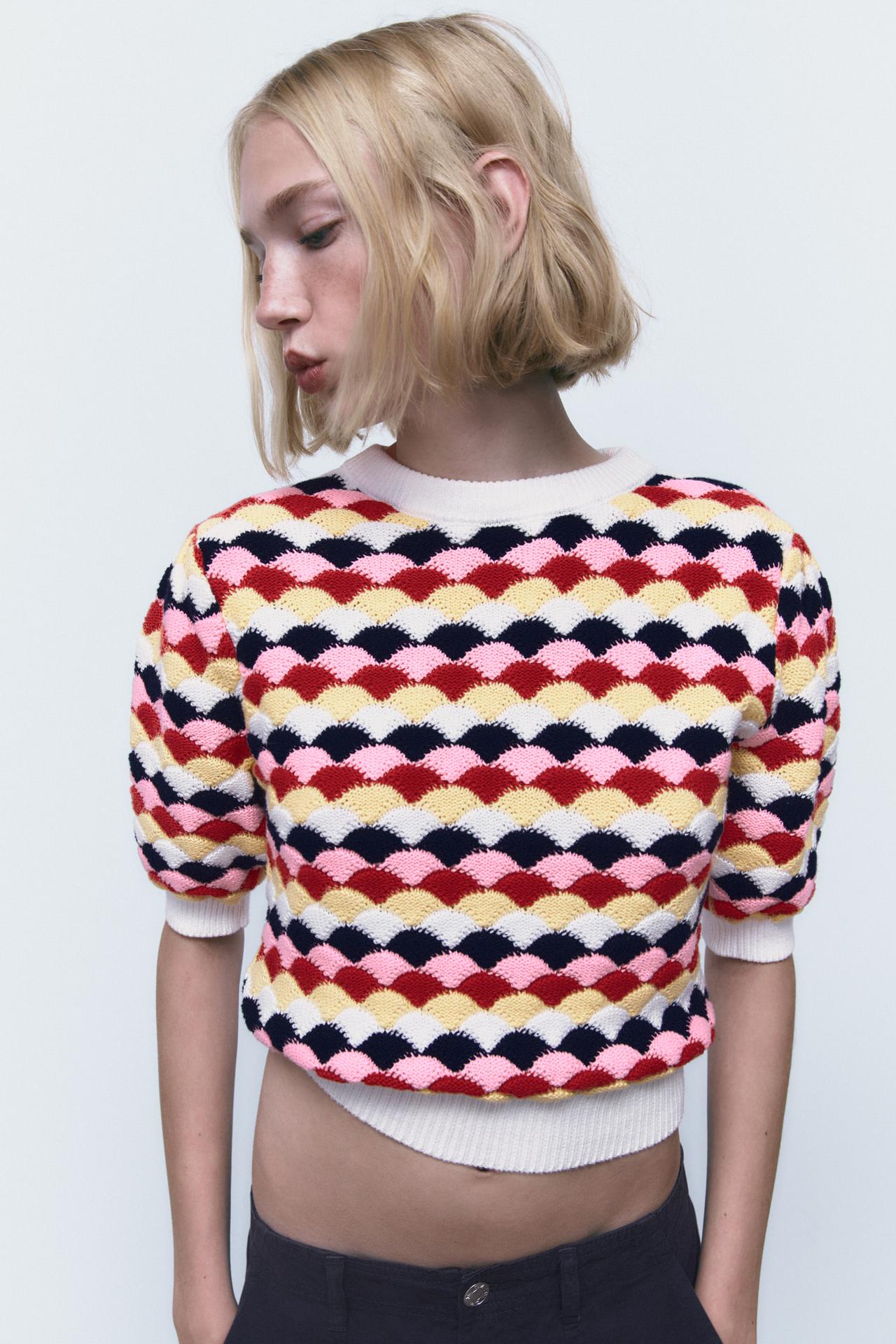 Zara new season short-sleeved, round neck puff sleeved knit sweater with multicolored, textured knit pattern.