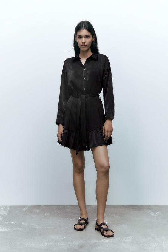 サテン風シャツワンピース ブラック Zara Japan 日本 サテン風シャツワンピース ブラック Zara Japan 日本