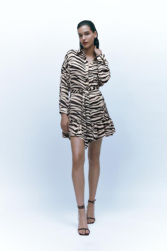 サテン地アニマル柄ワンピース エクリュ ブラック Zara Japan 日本 サテン地アニマル柄ワンピース エクリュ ブラック Zara Japan 日本