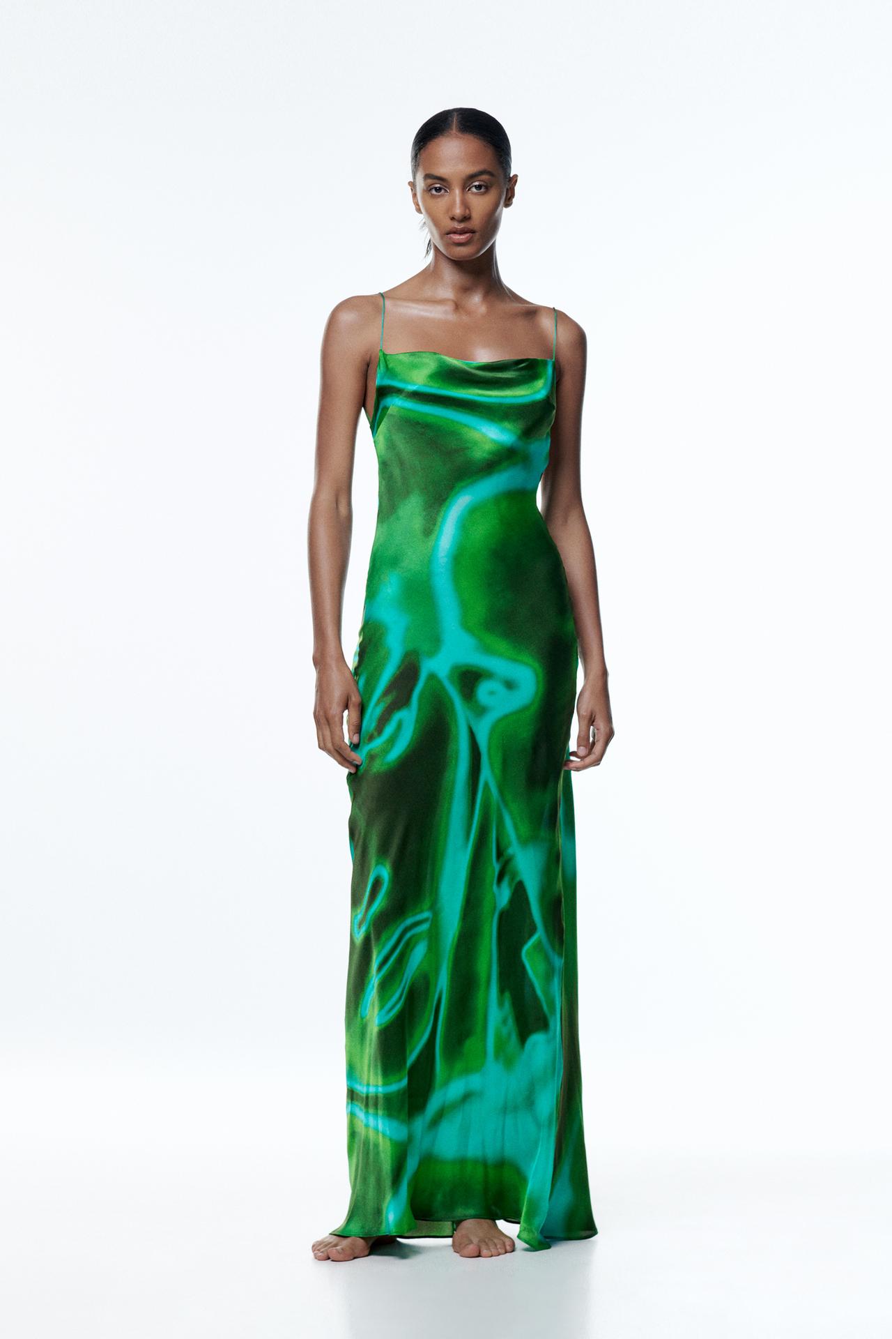 Zara Green and blue watercolor print Long camisole dress made of 100% mulberry silk. Flowing neckline and thin straps.