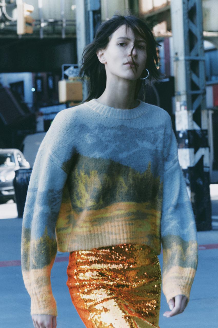 Zara knit jacquard sweater blue Clearance