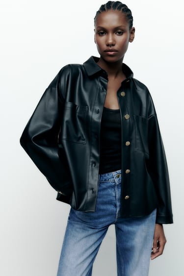 Image 0 of FAUX LEATHER OVERSHIRT WITH GOLDEN BUTTONS from Zara