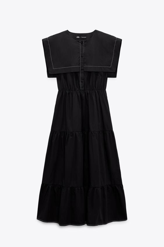 コントラスト トップステッチ ミディワンピース ブラック Zara Japan 日本 コントラスト トップステッチ ミディワンピース ブラック Zara Japan 日本