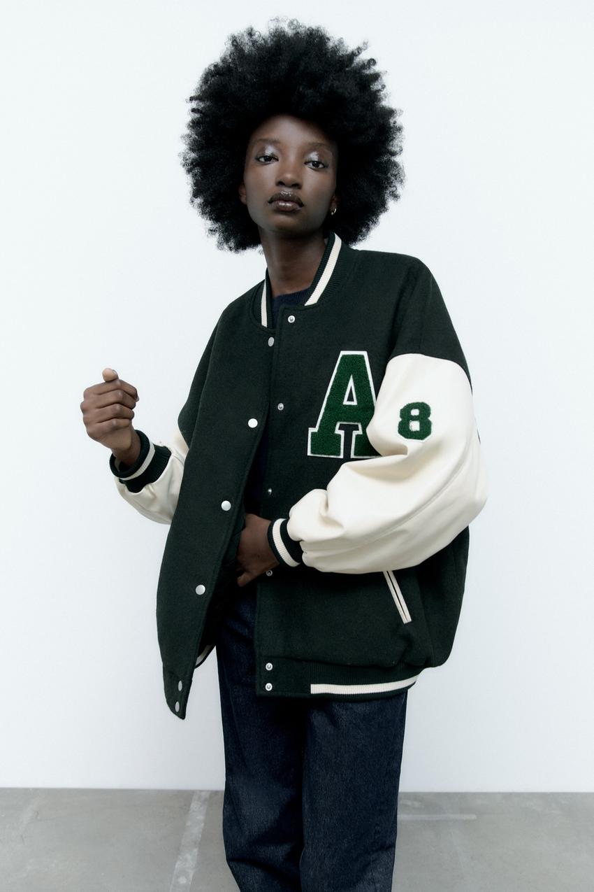 Green varsity jacket zara Clearance