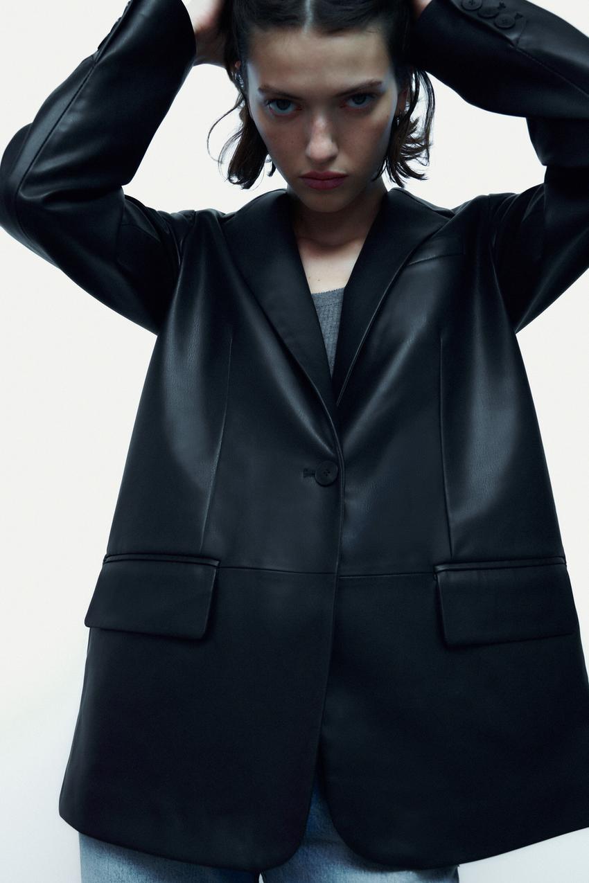Black leather blazer women's zara Clearance