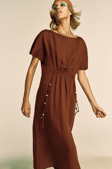 Image 0 of LINEN BLEND TUNIC DRESS WITH BEADS from Zara