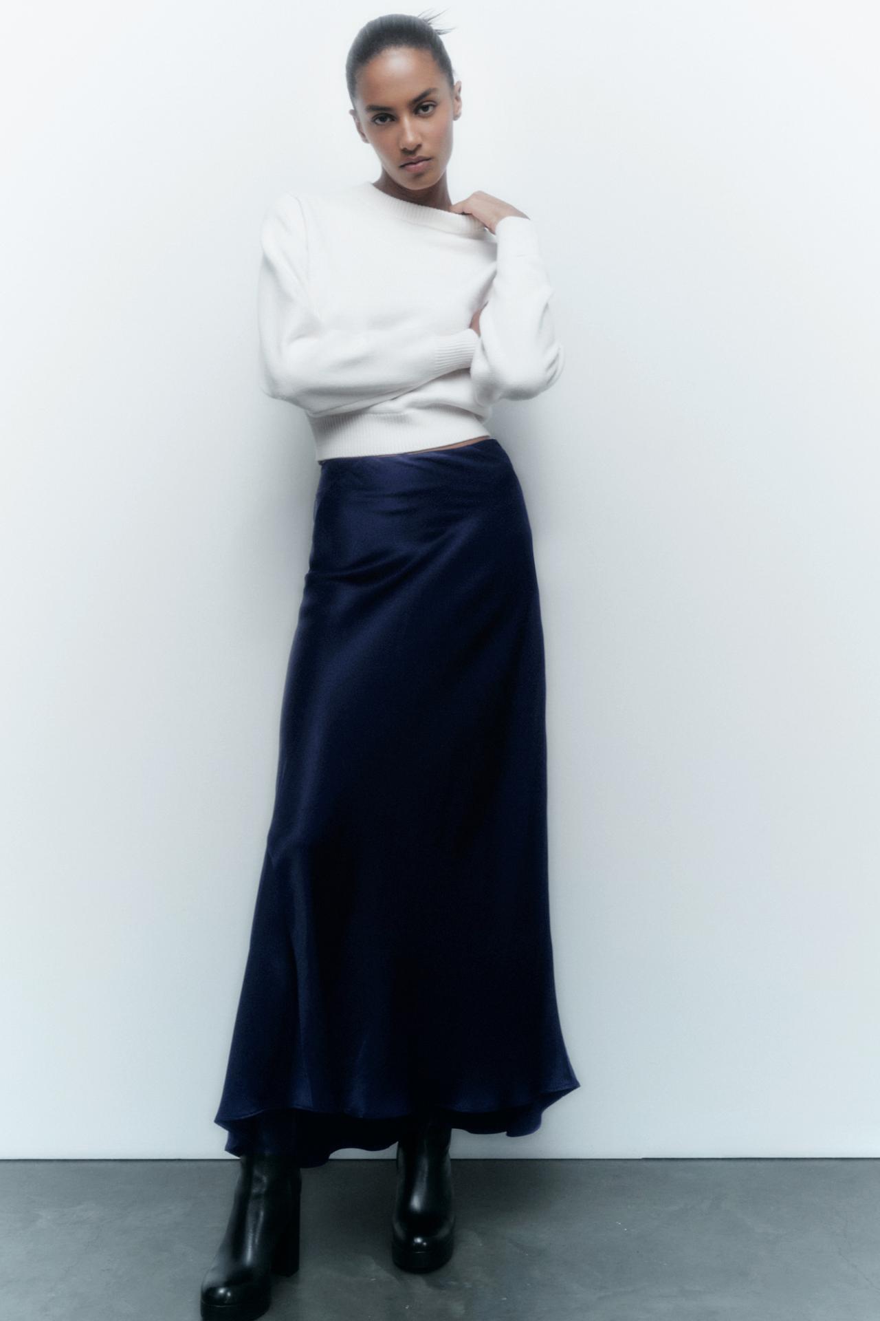 Zara navy blue satin slip maxi skirt with a high-waist, frayed hem and Invisible side zip fastening.