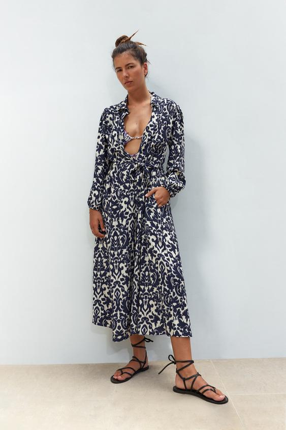 プリント ミディワンピース ブルー Zara Japan 日本 プリント ミディワンピース ブルー Zara Japan 日本