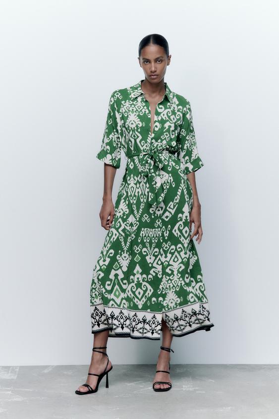 ロング丈プリント柄ワンピース グリーン Zara Japan 日本 ロング丈プリント柄ワンピース グリーン Zara Japan 日本