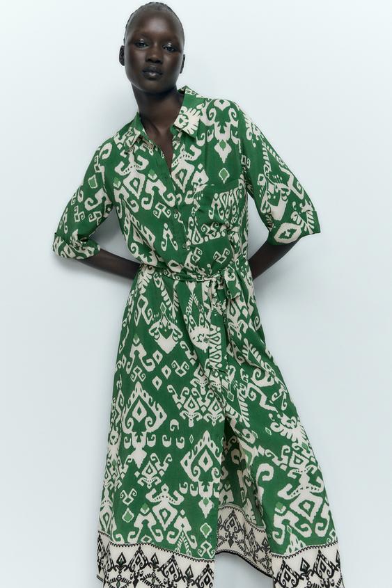 ロング丈プリント柄ワンピース グリーン Zara Japan 日本 ロング丈プリント柄ワンピース グリーン Zara Japan 日本