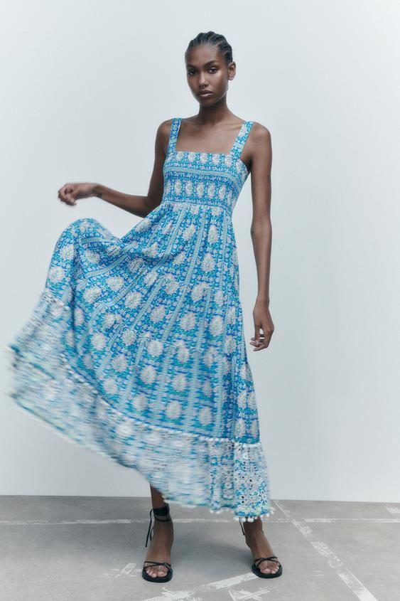 ロング丈プリント柄ワンピース ブルー Zara Japan 日本 ロング丈プリント柄ワンピース ブルー Zara Japan 日本