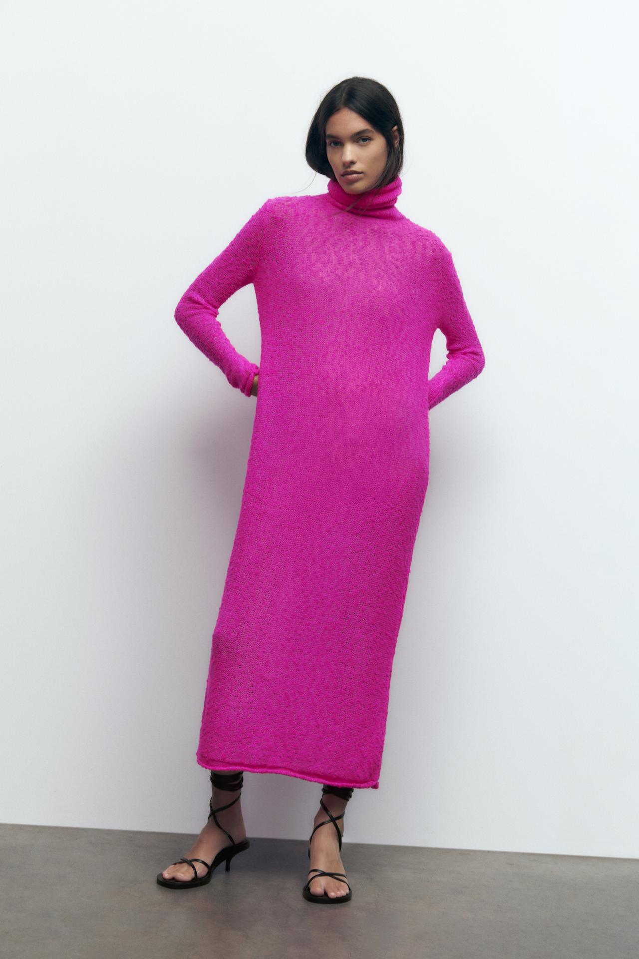 Zara hot pink high neck long sleeve maxi knit dress. This hot pink maxi knit dress has full length sleeves, a roll neck and a straight fit that skims the body. This is ticking so many AW22 trends with the hot pink colour of the moment and maxi length, plus it will keep you so cosy and look great with all black.