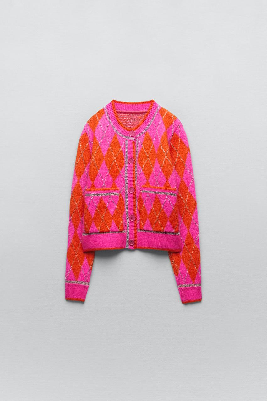 GILET EN MAILLE A LOSANGES AVEC FIL METALLISE Rose ZARA France