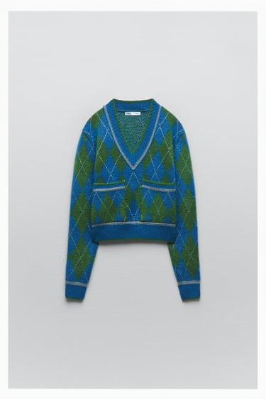 Image 0 of ARGYLE KNIT SWEATER WITH METALLIC THREAD from Zara