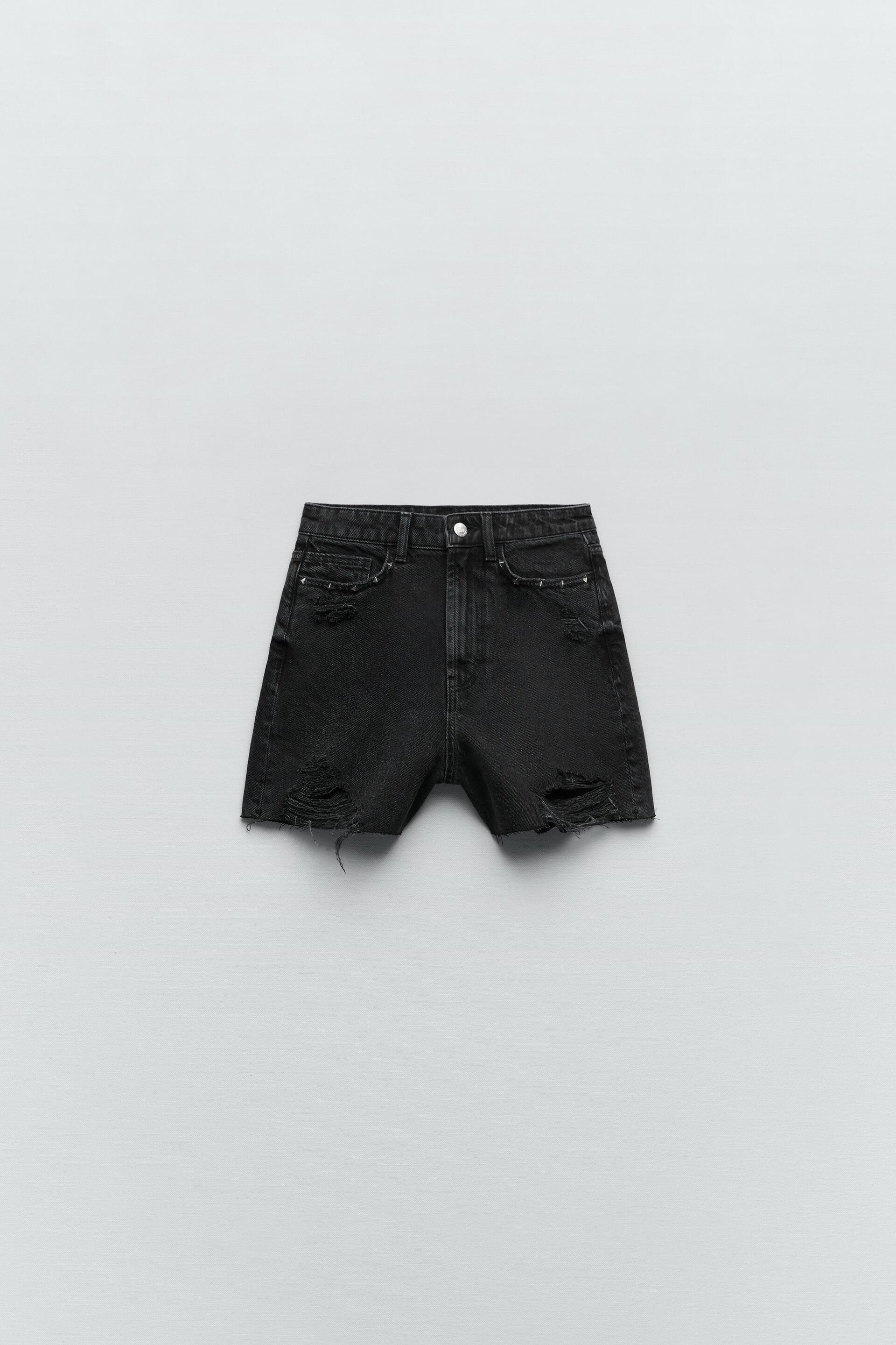 RIPPED DENIM SHORTS WITH STUDS - Black 