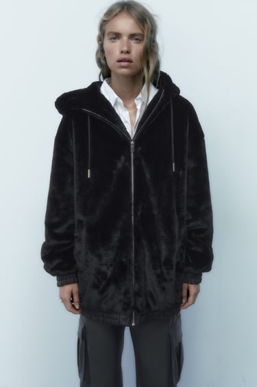Image 0 of HOODED FAUX FUR JACKET from Zara