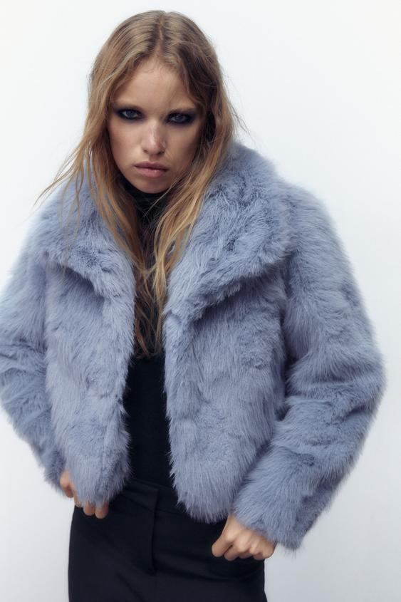 Zara blue faux fur jacket Clearance