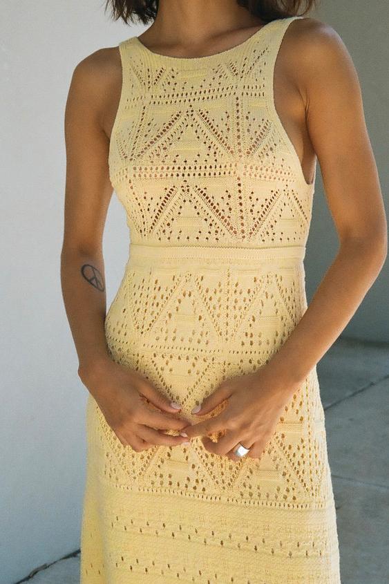 オープンバック クロシェ ニットワンピース ライトイエロー Zara Japan 日本 オープンバック クロシェ ニットワンピース ライトイエロー Zara Japan 日本