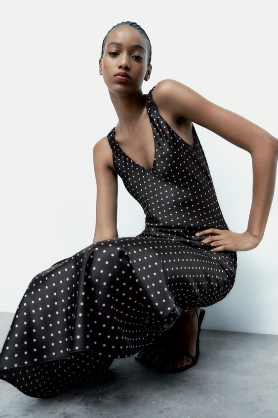 サテンドットプリント キャミソールワンピース ブラック エクリュ Zara Japan 日本 サテンドットプリント キャミソールワンピース ブラック エクリュ Zara Japan 日本