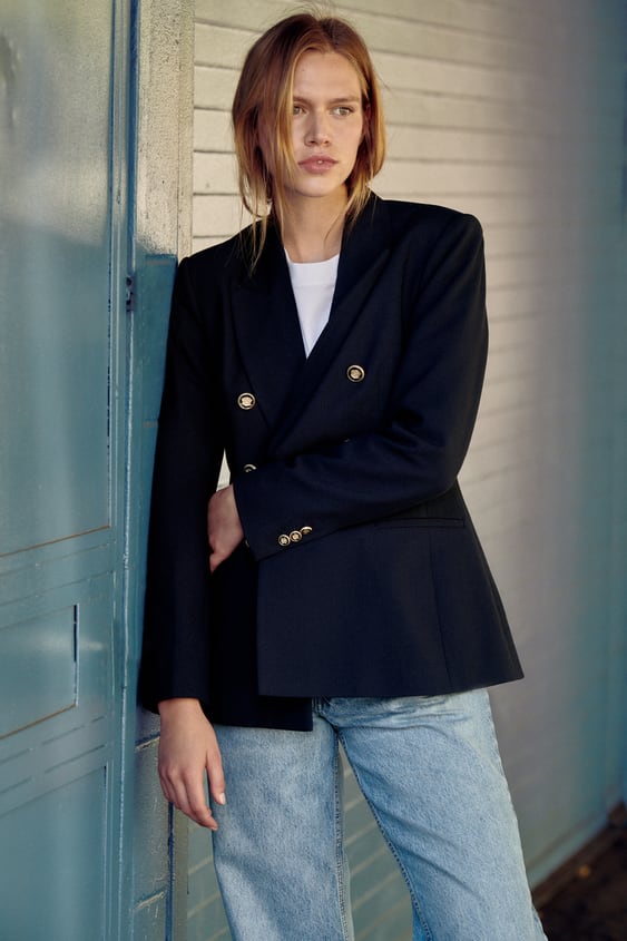 evaluate charity pencil DOUBLE BREASTED PIQUÉ BLAZER - Navy blue | ZARA United States