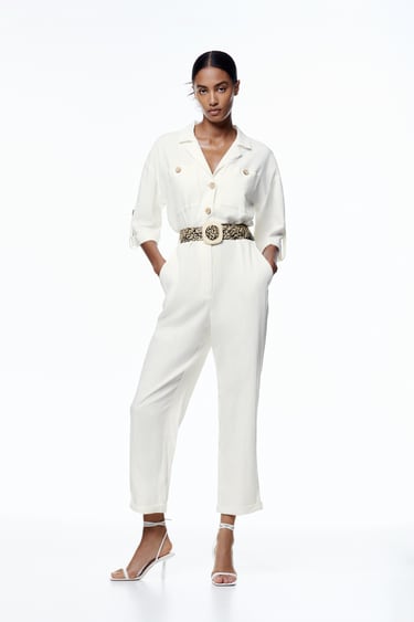 Image 0 of BELTED LINEN BLEND JUMPSUIT from Zara