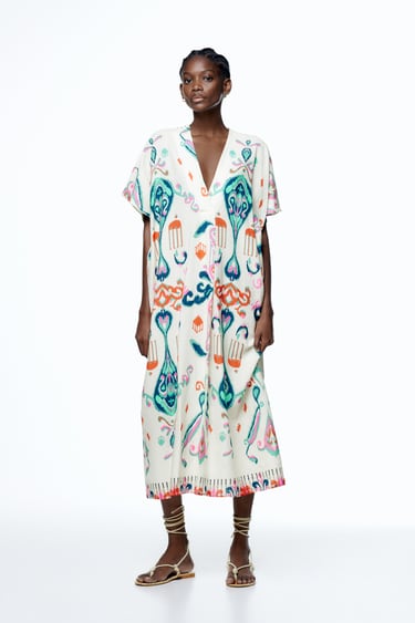 Image 0 of PRINTED LINEN TUNIC DRESS from Zara