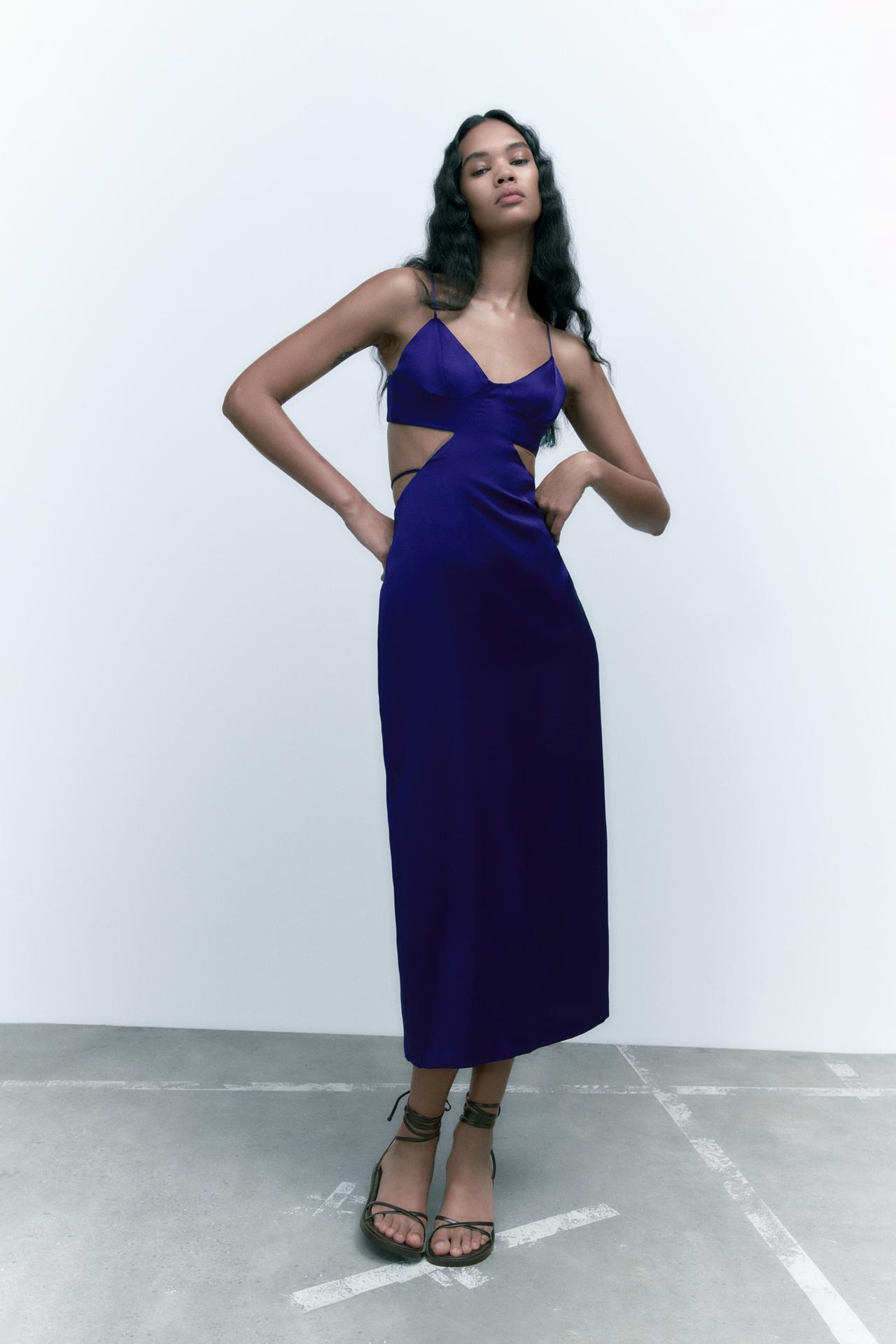 Zara deep blue cut out Midi dress with a round neckline and adjustable thin straps. Featuring vents at the waist, a tie detail at the back, matching lining, a back vent and invisible zip fastening.