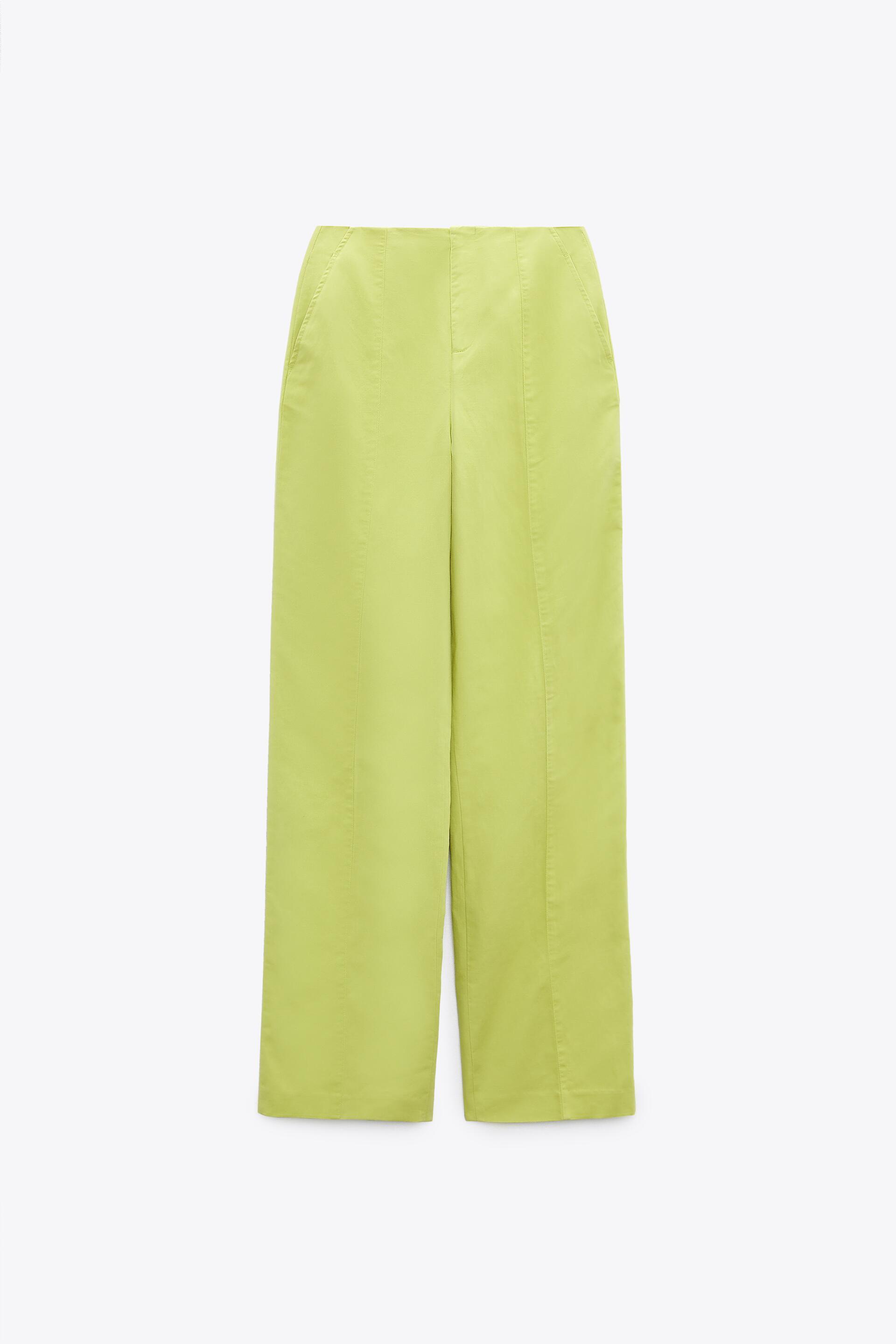 LINEN BLEND HIGH-WAIST TROUSERS - Lime 