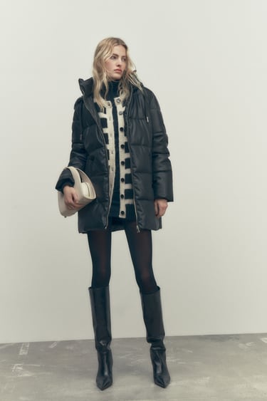 Image 0 of FAUX LEATHER PUFFER COAT WITH WIND PROTECTION from Zara