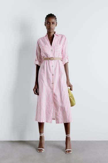 Image 0 of BELTED LINEN BLEND DRESS from Zara