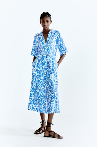 Image 0 of PRINTED LINEN BLEND SHIRT DRESS from Zara