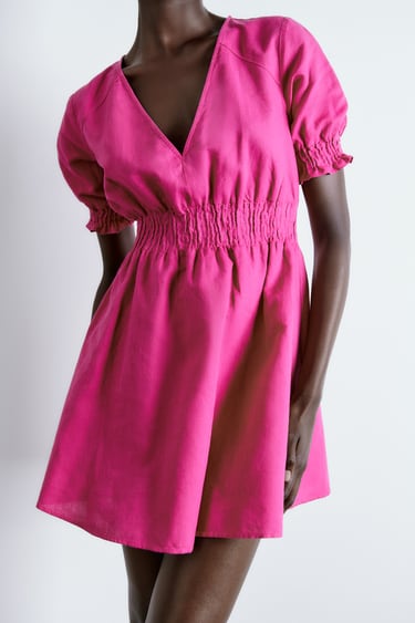 Image 0 of LINEN-BLEND DRESS WITH ELASTIC WAISTBAND from Zara