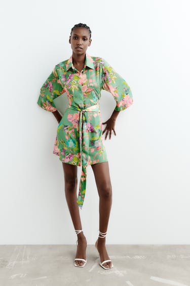 Image 0 of PRINTED SATIN SHIRT DRESS from Zara