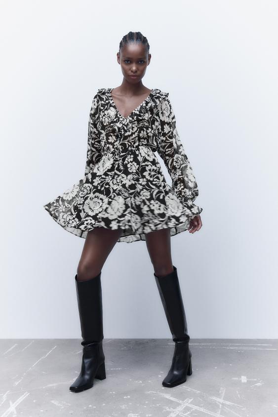 フラワープリント ワンピース ブラック ホワイト Zara Japan 日本 フラワープリント ワンピース ブラック ホワイト Zara Japan 日本