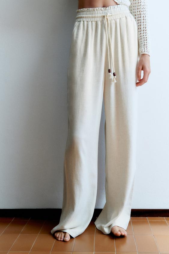 ELASTIC WAIST WIDE LEG PANTS - Ecru 