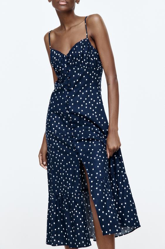 リネンブレンド ドット キャミソール ワンピース ネイビーブルー ホワイト Zara Japan 日本 リネンブレンド ドット キャミソール ワンピース ネイビーブルー ホワイト Zara Japan 日本