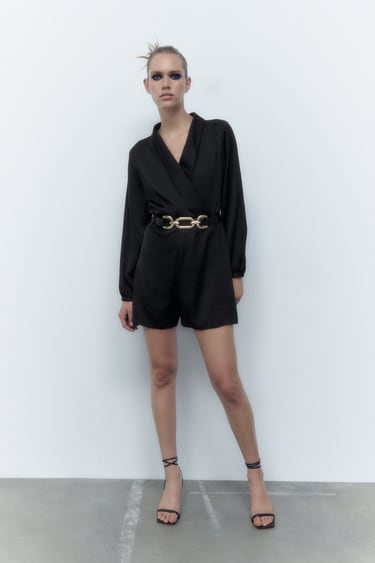 Image 0 of SATIN EFFECT BELTED SHORT JUMPSUIT from Zara
