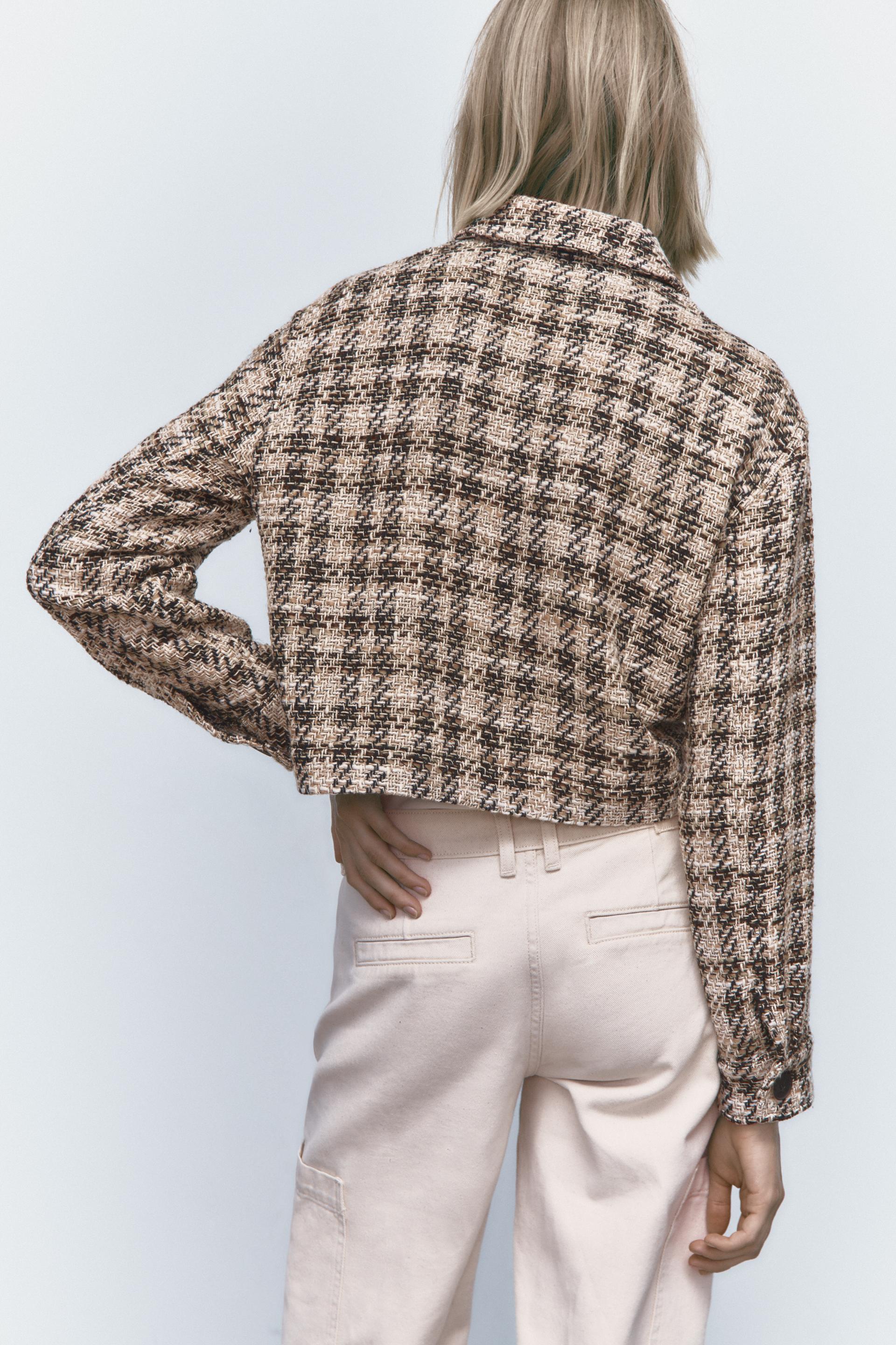 Zara - Textured Overshirt with Patch Pockets - S -Sand / Black - Female