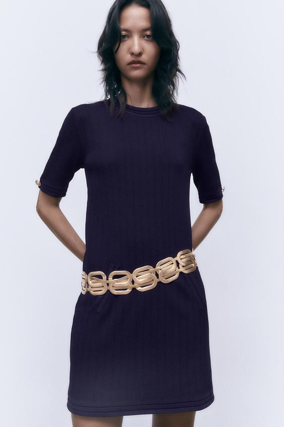 ゴールドボタン ニット ミニ ワンピース ネイビーブルー Zara Japan 日本 ゴールドボタン ニット ミニ ワンピース ネイビーブルー Zara Japan 日本