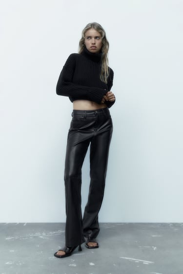 Image 0 of STRAIGHT FIT LONG LENGTH MID RISE FAUX LEATHER TROUSERS from Zara