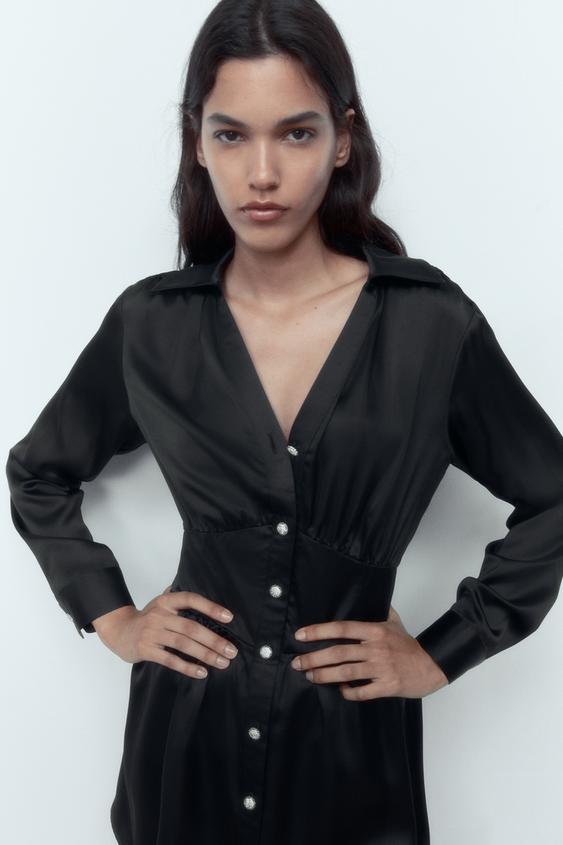 ラインストーンボタン サテンミニワンピース ブラック Zara Japan 日本 ラインストーンボタン サテンミニワンピース ブラック Zara Japan 日本