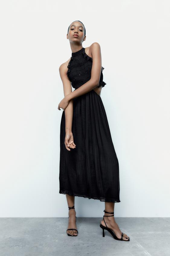 コントラスト プリーツフリルワンピース ブラック Zara Japan 日本 コントラスト プリーツフリルワンピース ブラック Zara Japan 日本