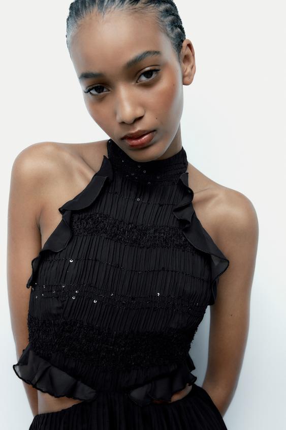 コントラスト プリーツフリルワンピース ブラック Zara Japan 日本 コントラスト プリーツフリルワンピース ブラック Zara Japan 日本