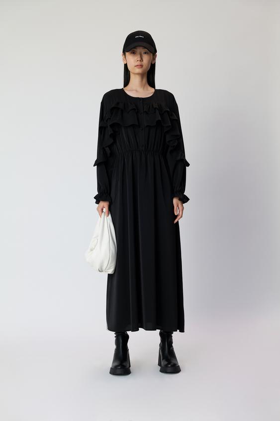 ミディ丈フリルワンピース ブラック Zara Japan 日本 ミディ丈フリルワンピース ブラック Zara Japan 日本