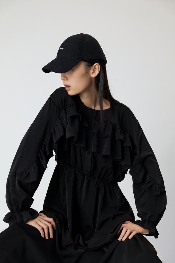 ミディ丈フリルワンピース ブラック Zara Japan 日本 ミディ丈フリルワンピース ブラック Zara Japan 日本