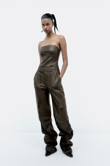 Image 0 of FAUX LEATHER LONG JUMPSUIT from Zara