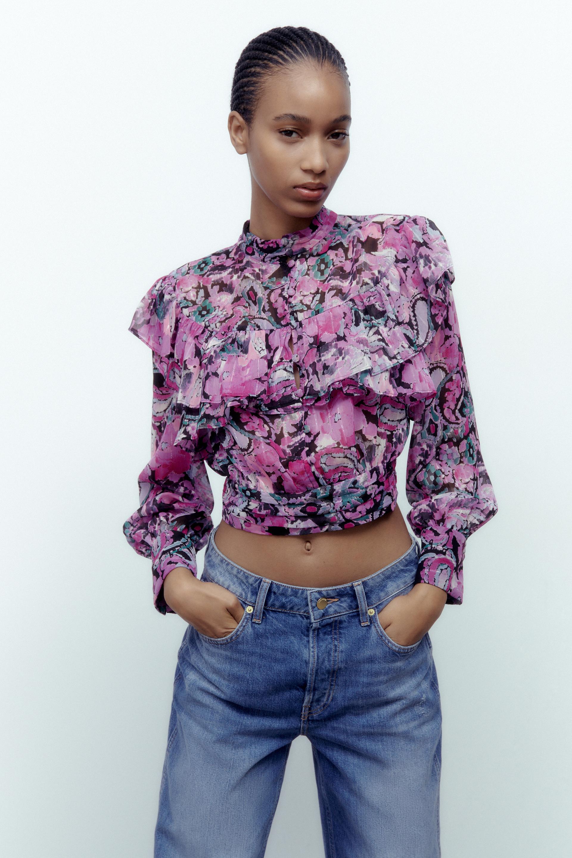 PRINTED CROPPED BLOUSE WITH RUFFLES - Multicoloured | ZARA United Kingdom
