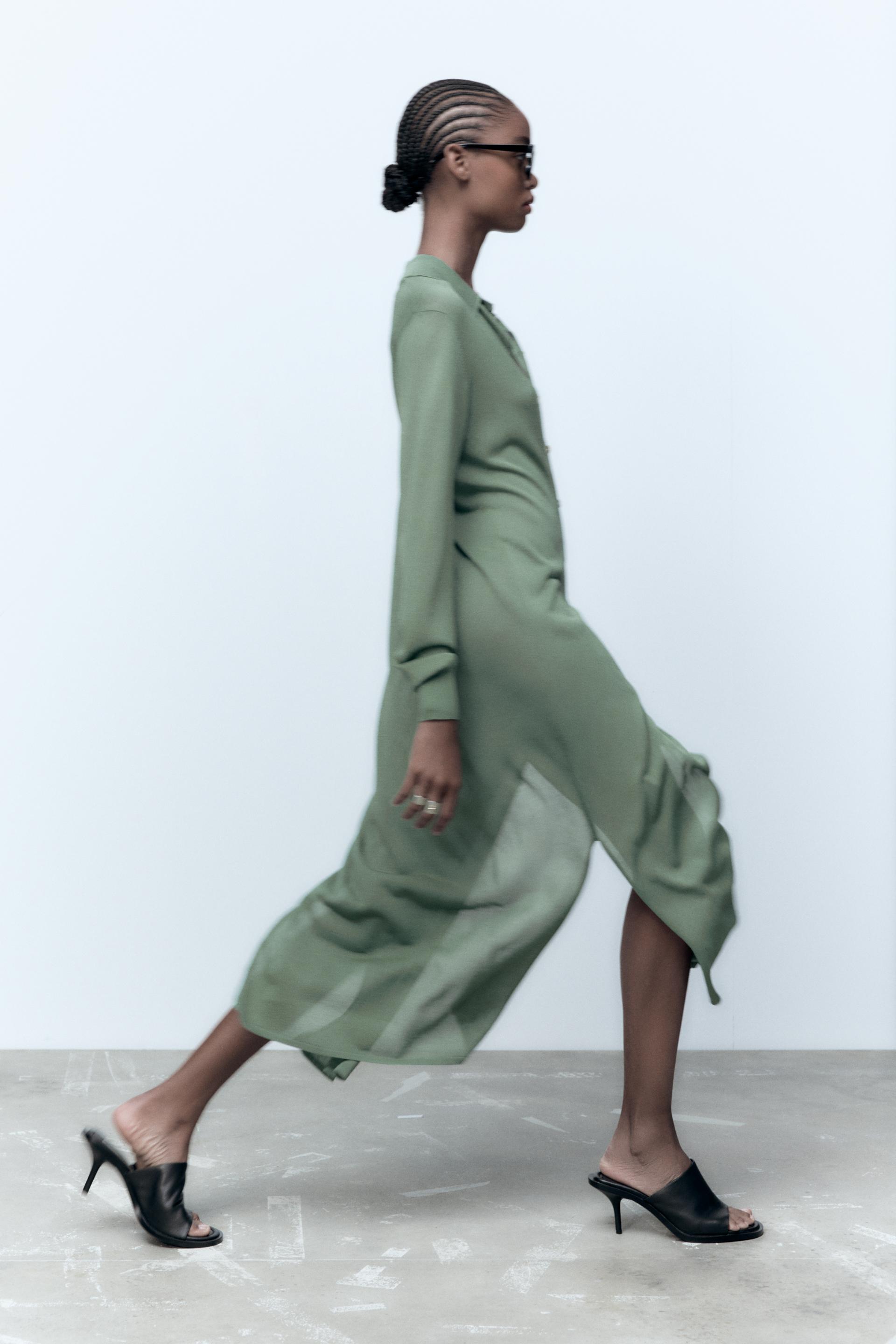 Zara - Knit Shirt Dress - Greenish - Women