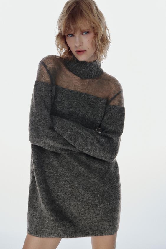 コントラスト セミシースルー ニット ワンピース グレー Zara Japan 日本 コントラスト セミシースルー ニット ワンピース グレー Zara Japan 日本