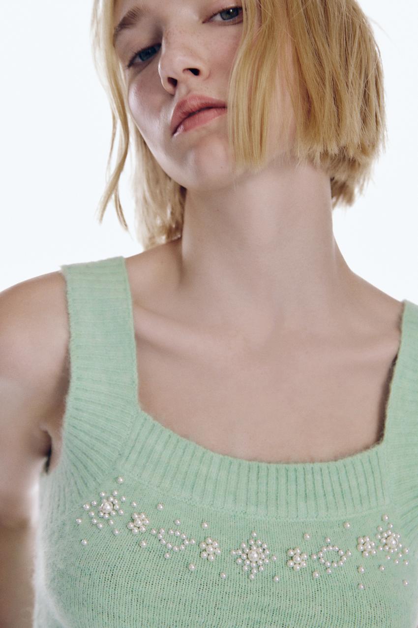 Zara knit top with faux pearls Clearance